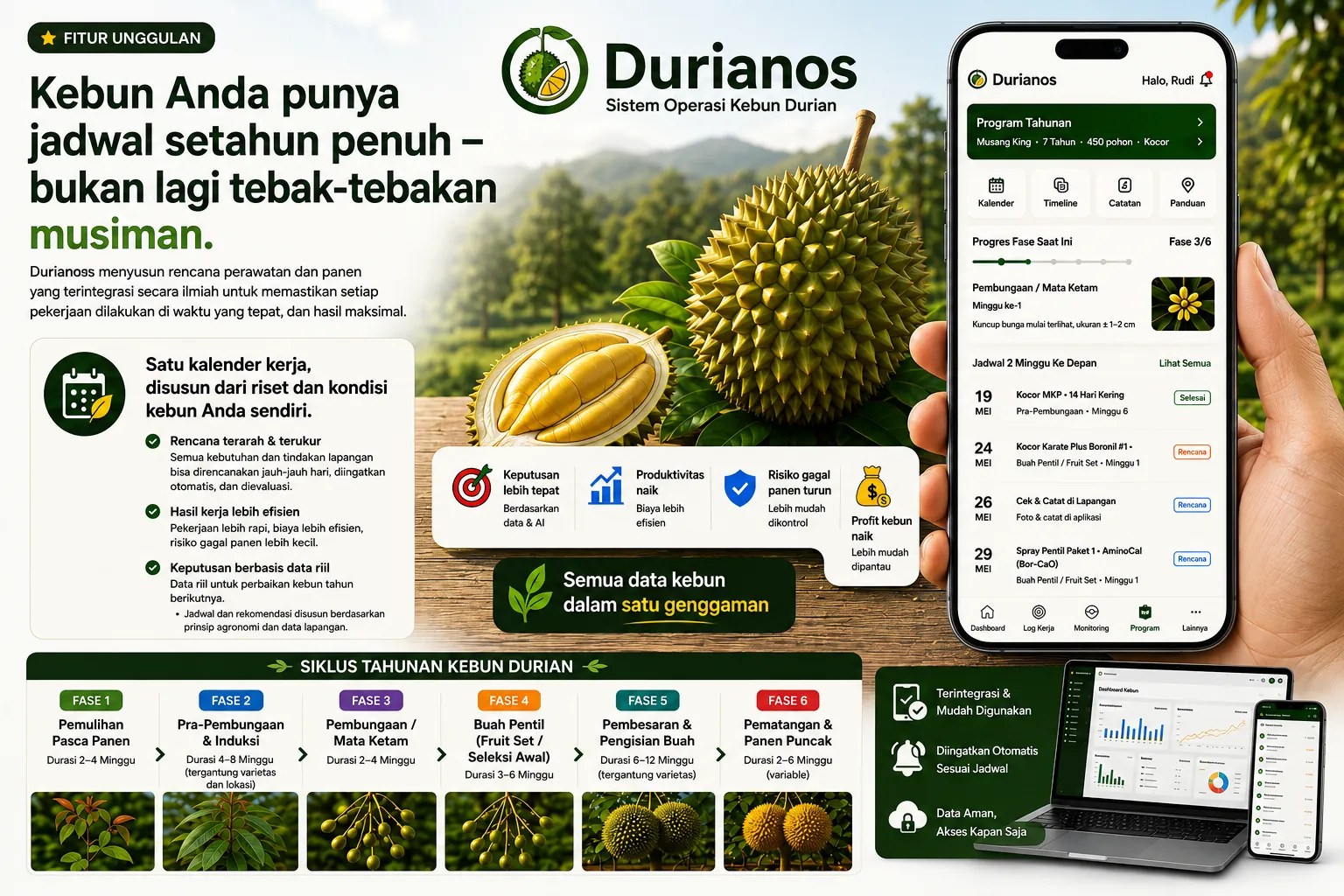 Fitur Unggulan Durianos — Program Tahunan, Satu kalender kerja disusun dari riset dan kondisi kebun Anda sendiri, dan Siklus Tahunan Kebun Durian 6 fase.