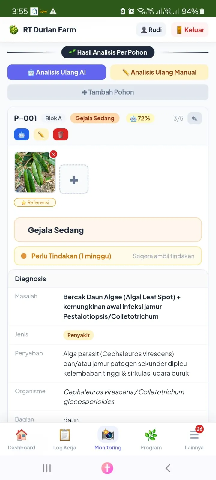 Tampilan hasil analisis monitoring pohon
